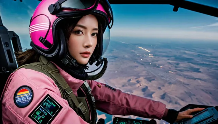 One girl, (Beautiful Face), Female fighter jet pilot, Holding a pilot pink helmet with LED interactive screen and HUD head up display on the visor, Visor-displayed targeting system, Communication Systems, Glasses、Close the visor, Sexy pose, Floating Hair, ...