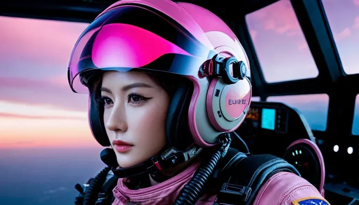 One girl, (Beautiful Face), Female fighter jet pilot, Holding a pilot pink helmet with LED interactive screen and HUD head up display on the visor, Visor-displayed targeting system, Communication Systems, Glasses、Close the visor, Sexy pose, Floating Hair, ...