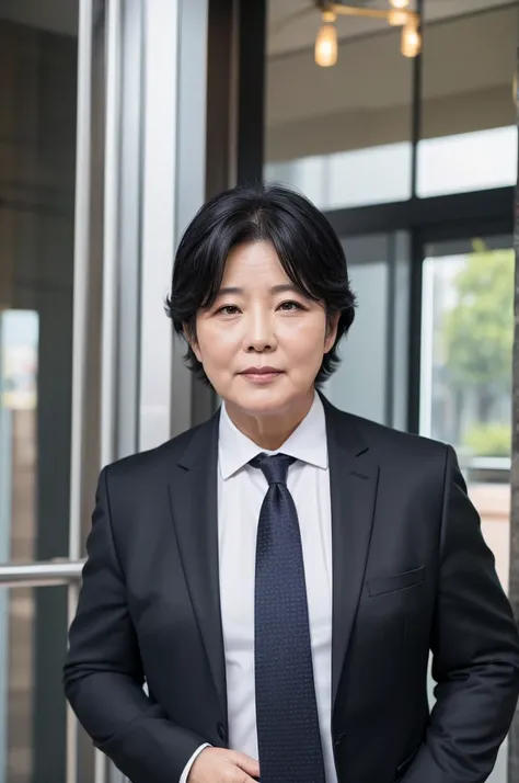 High quality 8K,48 years old、Chubby body type、Black Hair、In a suit