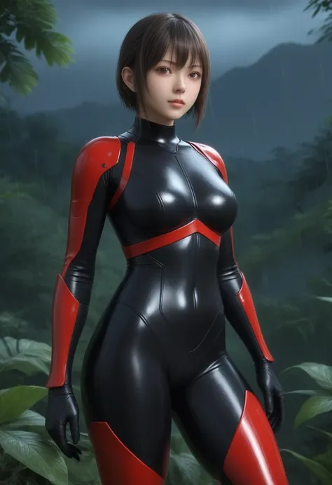 zPDXL, source_anime, BREAK Trilla, helmet with red visor, , armor,black gloves,tight bodysuit,,black pants, BREAK close-up, solo, standing, front view, medium breasts, , wide hips, BREAK x3dce, 3d, jungle background, dense vegetation, rain, night, night sk...