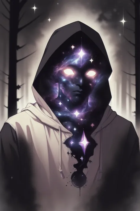 dark celestialskin body , void cosmic body, colored skin, flat color, jet black skin, white cloak, hood on, silhouette,1boy, 
portrait, upper body,in a forest ,