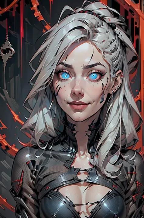 Beautiful young grey-haired woman with piercing red and blue eyes, Half smile with full lips, Black nails, Barbed wire everywhere(Wrapped in black barbed wire),Reading eyes,blue eyes, (Different eyes), (Heterochromia iridis)
