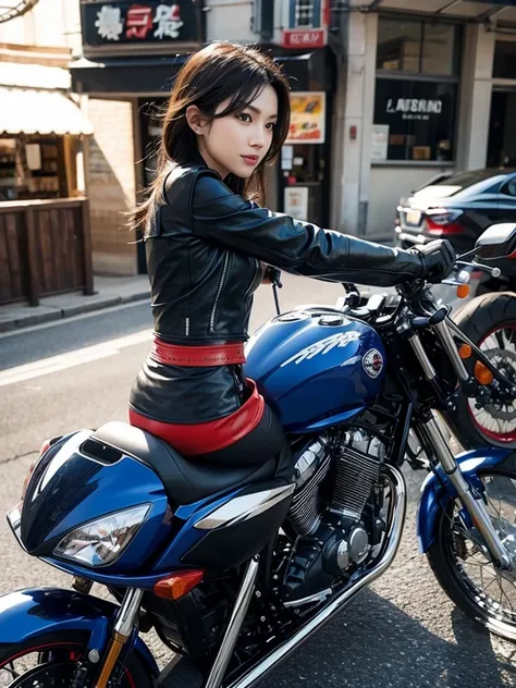 One motorcycle、Riders&#39; wear、parking、(Highest quality)、((Very detailed))、4K、(8K)、masterpiece、Very detailedな、Highest quality、Super Resolution、1 person、Kind Face、Soft Light、RAW quality、Soft Skin、163cm、30 years old、Long Hair、woman、Have a helmet