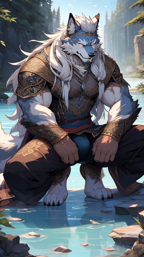 (masterpiece),(highres),(intricate details:1.4),extremely detailed,(illustration:1.2),8k,photorealistic,exquisite,solo,aged,elder male wolf,muscular,swordsman,manhood ,safeguard,(white hair:1.3),long hair,long white beard,scar,badly damaged,hurt,broken bod...