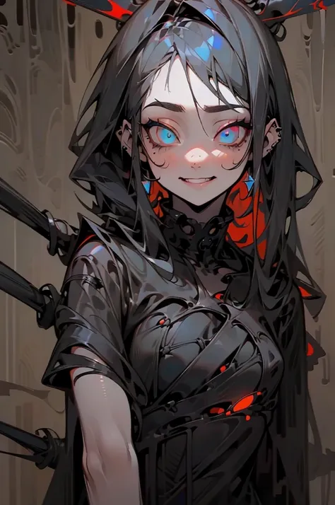 Beautiful young grey-haired woman with piercing red and blue eyes, Half smile with full lips, Black nails, Barbed wire everywhere(Wrapped in black barbed wire),Reading eyes,blue eyes, (Different eyes), (Heterochromia iridis)
