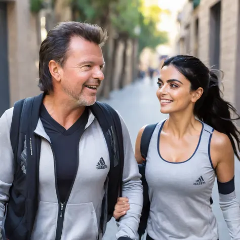 Ayslinn Derbez is 25 years old and Lothar matthäus is 35 years old, she have long hair, they are happy, they are wearing sport clothes, romantic, they are walking in Barcelona, moorning