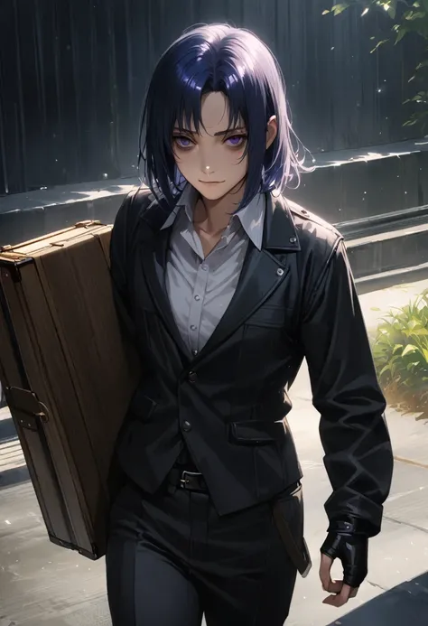 (adult), (man) ((tall)), ((ciel (tsukihime) )), masterpiece, best quality, very aesthetic, absurdres, shiny skin, Perfect face, Perfect shadowing, Perfect cloathing, skindentation, (dark blue hair)), messy fuss hair, purple eyes, colegial white shirt, blac...