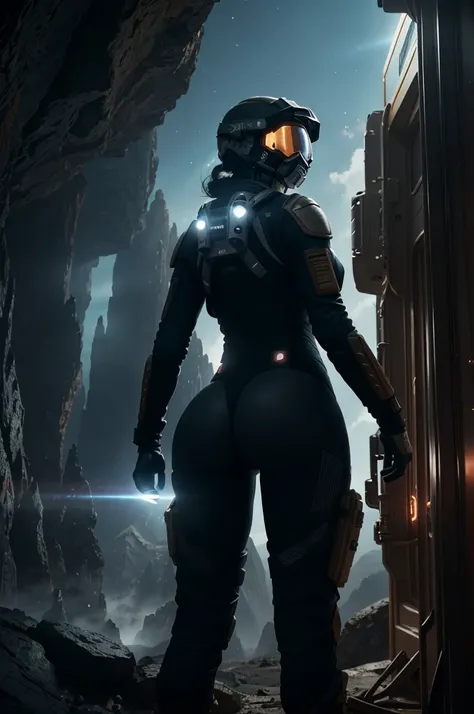 Masterpiece, highest quality, rear angle, Highly detailed photo of a (female space soldier wearing orange tight suit with some holes, helmet, with tinted face shield, rebreather, accentuated booty), athletic body, big ass, big titis [wide hips], (investiga...