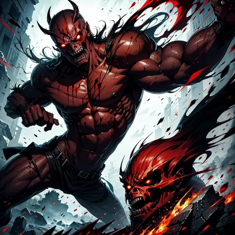 Demon man with angry face, skulls and blood, full body in fighting position