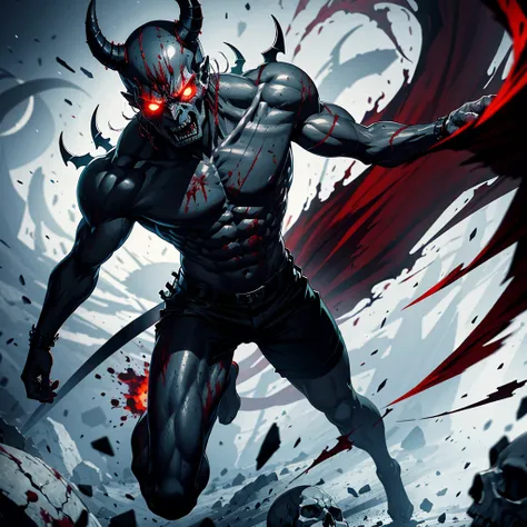 Demon man with angry face, skulls and blood, full body in fighting position