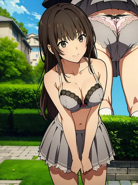 ((1 Girl))Happy,Outdoor.garden((Multiple Views))Best image quality,High brightness,whole body,Low Angle,Lace panties,Grey Super Mini Skirt,high school girl,Take off your shirt、Lace bra、Nipples、loose socks、Official Anime,amagami,Risa Kanzaki,