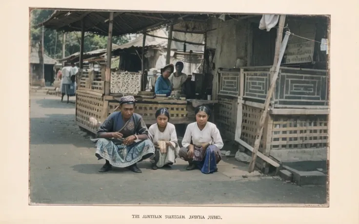  The image is vintage color photograph featuring a java man and two java women in traditional clothing sitting on the ground.