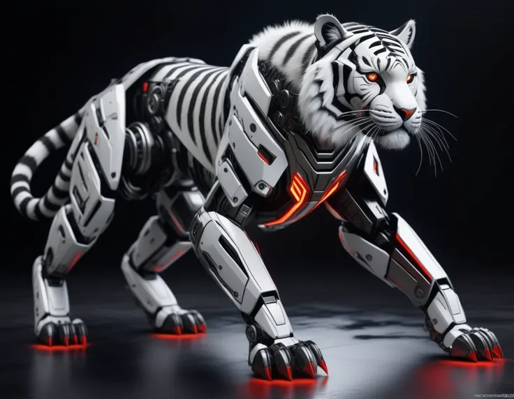 Ultra-realism, ((Masterpiece)), ((Best Quality)), (Very Detailed), ((Very Detailed)), 4K, (8K), very aesthetic, absurdres highres, Draw a futuristic robotic tiger. This Tigers design combines organic elements with advanced mechanical elements. Tigers have ...