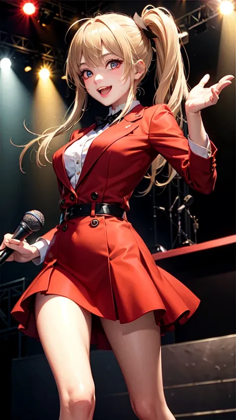 Blonde long hair high school girl、Red eyes、Stage Costumes、Jacket、Dance with excitement、microphone、smile