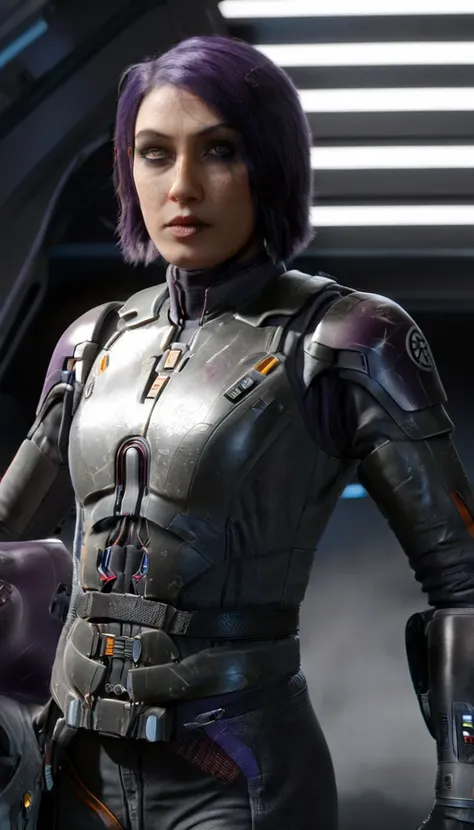 professional 3d model cinematic scene, sabine wren, silver armor (huge breasts), ghost in the shell, detailed background, master...