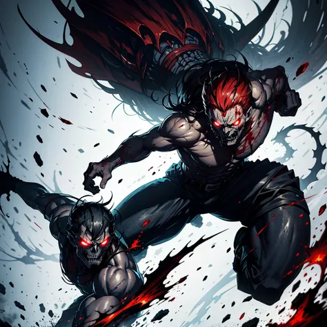 Demon man with angry face, skulls and blood, full body in fighting position