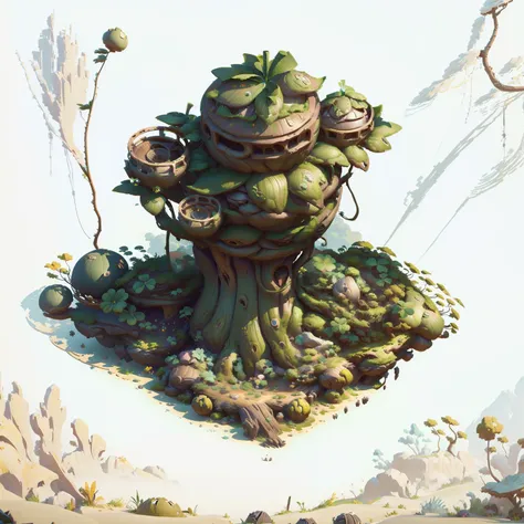 there is a small tree，there is a spherical building on top， contains tree props, game assets of plant and tree, stylized concept...