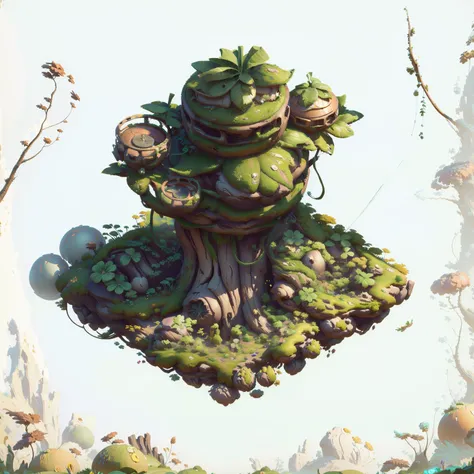 There is a small tree，There is a spherical building on top， Contains tree props, Game assets of plant and tree, stylized concept art, Stylized game art, Bonsai Tree House, Game image, 3D rendering style, Stylized 3d rendering, Stylized as 3D rendering, Gam...