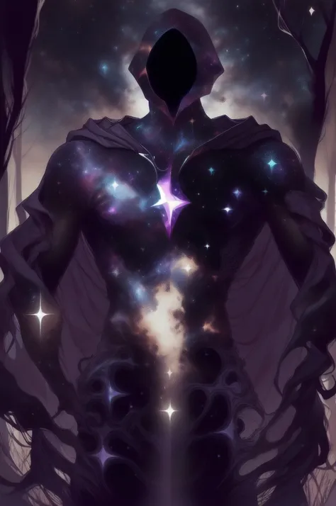 dark celestialskin body , void cosmic body, colored skin, flat color, jet black skin, white cloak, hood on, open book infront, silhouette,1boy, 
portrait, upper body,in a forest ,