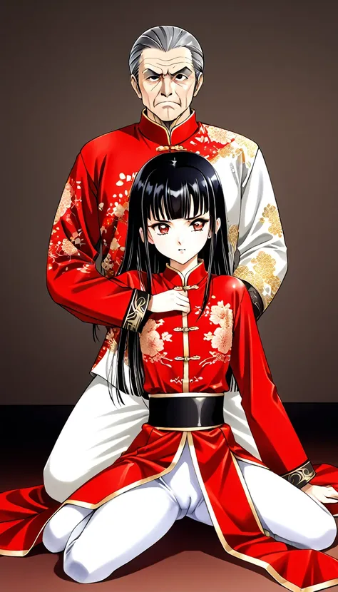 A tragic historical drama in 8k live-action style: Beautiful palace secrets　Beautiful 10 year old Chinese Kung Fu girl with long black hair has very rough unwanted sex with old man emperor　Gorgeous embroidery, Ultra glossy, She is wearing a shiny red top a...