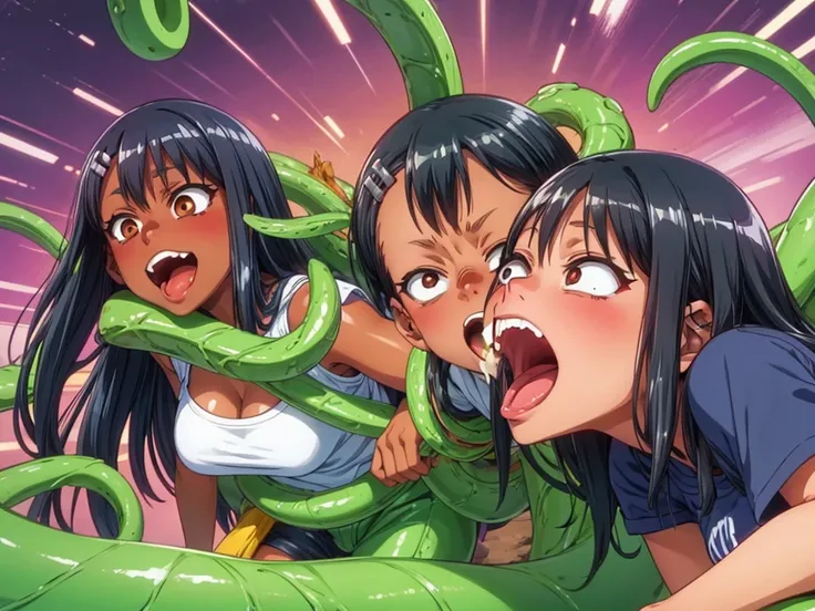 Thick giant  chick leaning forward tentacle pops out from within her mouth, gaping anus exposed 