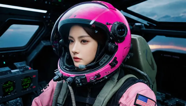 One girl, (Beautiful Face), Female fighter jet pilot, Holding a pilot pink helmet with LED interactive screen and HUD head up display on the visor, Visor-displayed targeting system, Communication Systems, Glassesをかける、Close the visor, Sexy pose, Floating Ha...