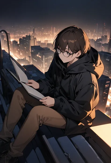 (BEST QUALITY), (MASTERPIECE), illustration, Extremely_detail, 4k wallpaper , midnight, man, black hoodie parka, brown jeans, 18 years old , brown Hair, short hair, black eyes, eye glasses, reading a book, sit on rooftop, smart, Background of the city