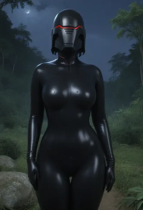 zPDXL, source_anime, BREAK Trilla, helmet with red visor, , armor,black gloves,tight bodysuit,,black pants, BREAK close-up, solo, standing, front view, medium breasts, , wide hips, BREAK x3dce, 3d, jungle background, dense vegetation, rain, night, night sk...