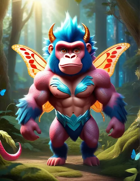 cute monster, expressive bright big eyes, red hair, muscular gorilla body from the groin up, unicorn horn, centipede body from the groin down, human face with fish features, blue medium hair, pinky skin, butterfly wings, spider legs, in an enchanted forest...