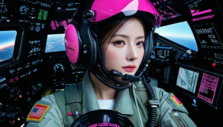 One girl, (Beautiful Face), Female fighter jet pilot, Holding a pilot pink helmet with LED interactive screen and HUD head up display on the visor,Glasses、 Visor-displayed targeting system, Communication Systems, Glassesをかける、Close the visor, Sexy pose, Flo...