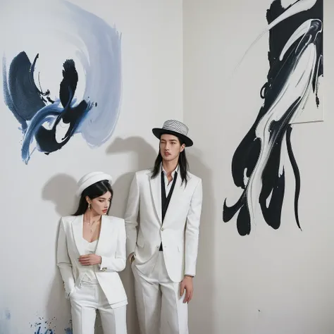 a fashionably dressed man with an air of sophistication along with his very beautiful female partner. He wore casual yet elegant clothes, consisting of a suit, stylish hat. He wore white trousers and an elegant jacket with high healing. The background is a...