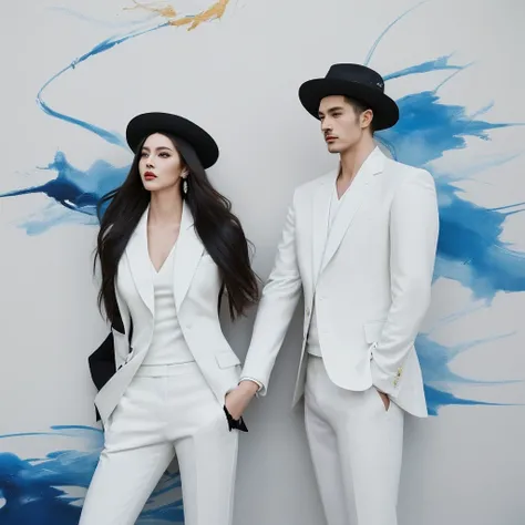 a fashionably dressed man with an air of sophistication along with his very beautiful female partner. He wore casual yet elegant clothes, consisting of a suit, stylish hat. He wore white trousers and an elegant jacket with high healing. The background is a...