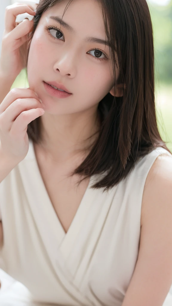 (((ultra-high resolution、close、cute japanese woman)))、length, straight black hair frames her face、so that every single hair is c...