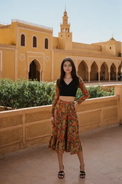 her name is Annie, high quality, 1girl, ((20-year-old fit Caucasian woman)), ((20 years old)), ((fit)) black long hair, pose: standing, wearing bright colored unique g gen Z modern wear, BACKGROUND: In the heart of the bustling souks and ornate palaces of ...