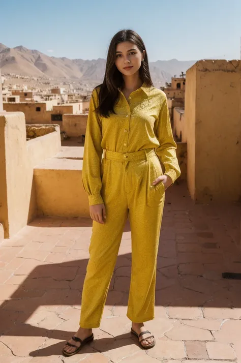 her name is Annie, high quality, 1girl, ((20-year-old fit Caucasian woman)), ((20 years old)), ((fit)) black long hair, pose: standing, wearing bright colored unique g gen Z modern wear, BACKGROUND: In the heart of the bustling souks and ornate palaces of ...