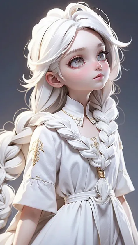 best quality, masterpiece,white hair, gold eyes,white clothes, looking up, upper body,hair strand,Fair skin,side braids