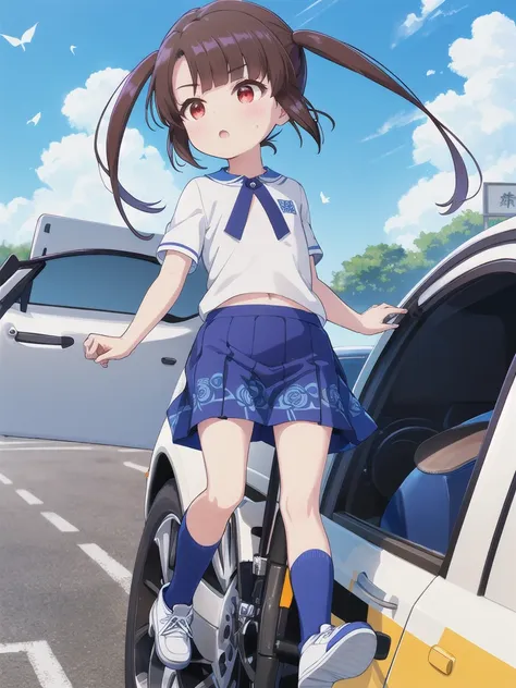 blue sky,cloud,in the car,sports car,take the wheel,high-speed operation,1 girl, 独奏, red eyes,fluttering hair, twin tails, brown...