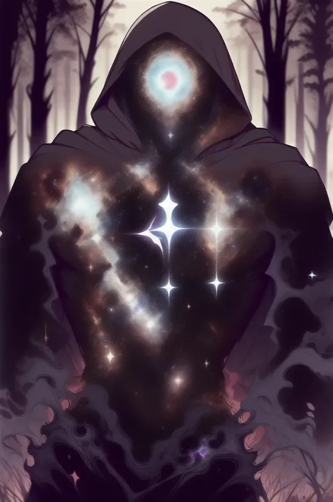 dark celestialskin body , void cosmic body, colored skin, flat color, jet black skin, white cloak, hood on, open book infront of him, silhouette,1boy, 
portrait, upper body,in a forest ,