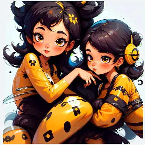 sticker,1girl, bumble bees and tan girl with black hair