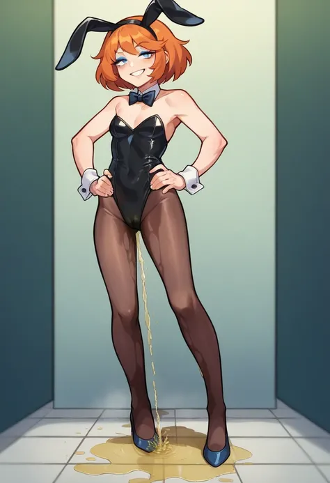 bunny girl, strapless leotard, black leotard, wrist cuffs, bowtie, medium hair, orange hair, bangs, pantyhose, high heels, hands on hips, smile, bedroom eyes, full body, ((wetting self, pee stains, puddle)), cameltoe, blue eyeshadow, night club