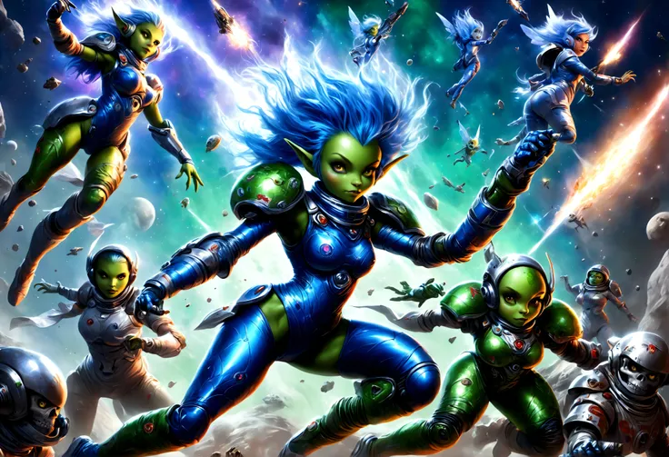 A battle is happening in space. Space fairies (cute women in sparkly blue sexy outfits that leave sparkling magic trails) are shooting lightning at space goblins (hot ugly women, green skin, a little chunky, big tits, wide hips, scrap metal space suits, sc...