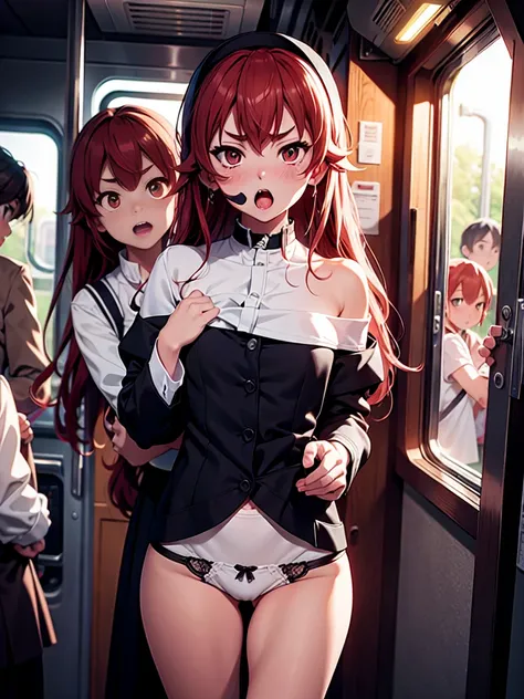 top-quality、lighting like a movie、Eroge illustration、anguished expression、High school girl being molested on a train、Eyes from below、ripped clothing、Small panties、