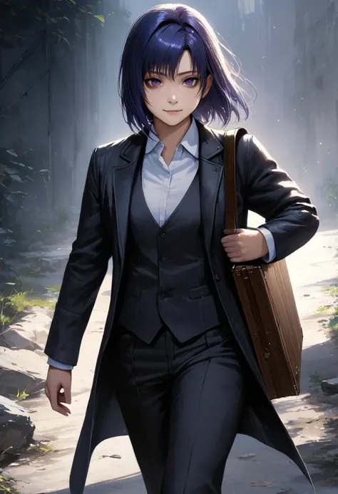 (adult), (man) ((tall)), ((ciel (tsukihime) )), masterpiece, best quality, very aesthetic, absurdres, shiny skin, Perfect face, Perfect shadowing, Perfect cloathing, skindentation, (dark blue hair)), messy fuss hair, purple eyes, colegial white shirt, blac...