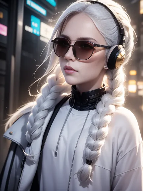 White clothes, White skin, White hair, Long braids, Cyberpunk, Golden eyes, （Wearing sunglasses）（Wearing headphones）Looking up, Upper body