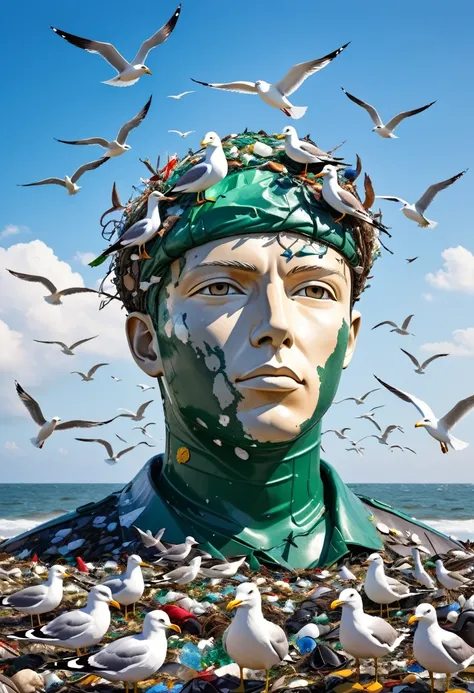 In the center is a human head made of marine garbage, surrounded by seagulls in the sky, an inspiration for protecting marine ecology.