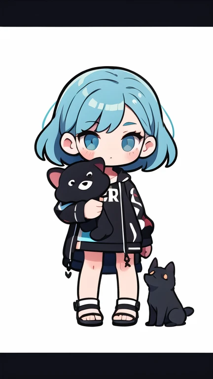 simple details,chibi,full body, a girl holding a black dog in her hand