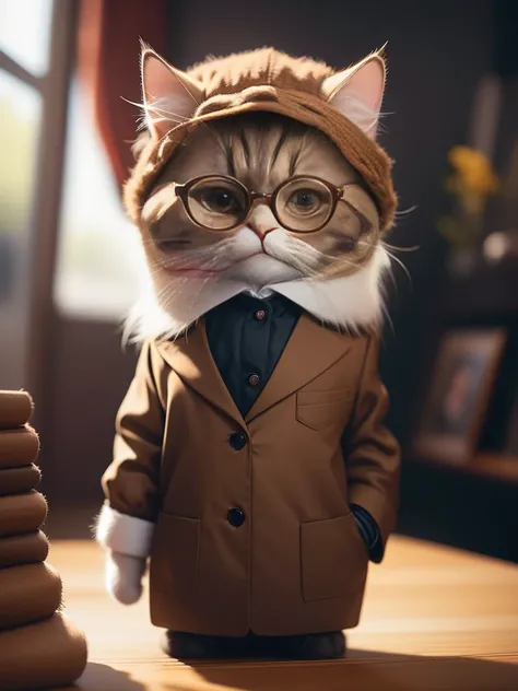 Fluffy brown cat, very detailed cat and fur, wearing womens suit, glasses, facing front, photo studio, very detailed image, Kodak 400, atmospheric light, 50mm lens, (cat detailed eyes and features) realistic cat, 8K