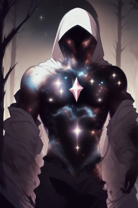 dark celestialskin body , void cosmic body, colored skin, flat color, jet black skin, a white cloak, hood on, holding an open book infront of him, silhouette,1boy, 
portrait, upper body,in a forest , front view