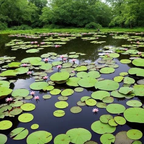 there are many water lillies floating in a pond of water, a portrait by Anna Haifisch, flickr, renaissance, alpine pond with water lilies, pond with frogs and lilypads, waterlily pond, lily pads, water lilies, garden pond scene, waterlily pads, small pond,...