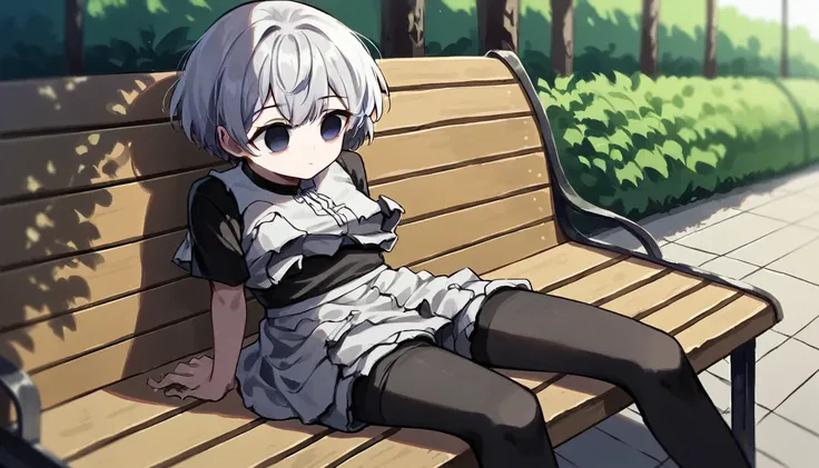 NSFW,Ultra HD,Masterpiece,1girl, 独奏, cute, white short hair, (ragged clothes:2.0), , (skirt:1.2), pantyhose,shorts, black thighhighs, expressionless, relaxing, sitting on bench, empty eyes, park, city, scenery, night, depth of field, masterpiece, best qual...